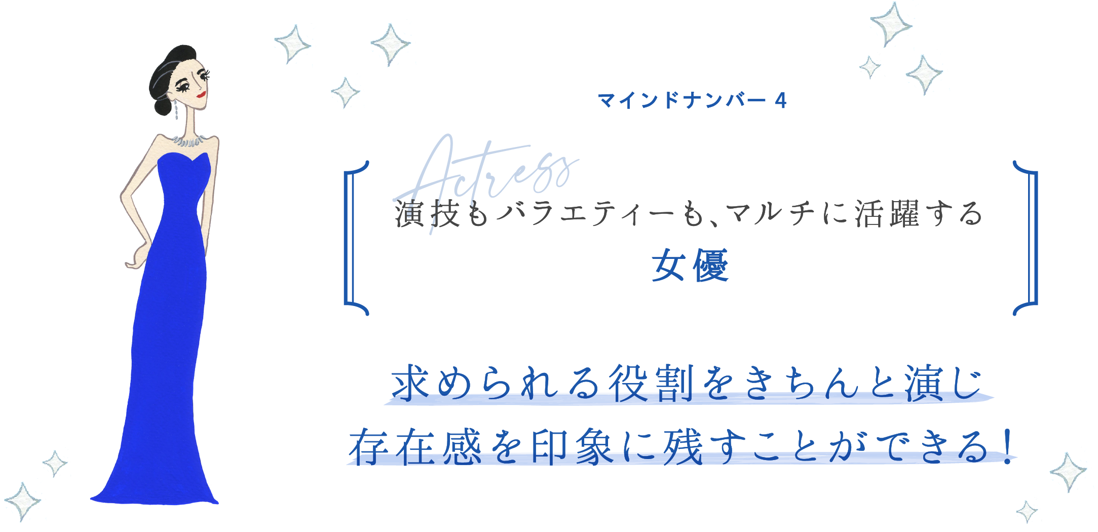 マインドナンバー4 演技もバラエティーも、マルチに活躍する 女優 求められる役割をきちんと演じ存在感を印象に残すことができる!
